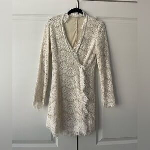 Olivaceous White Lace Long Sleeve Wrap Dress